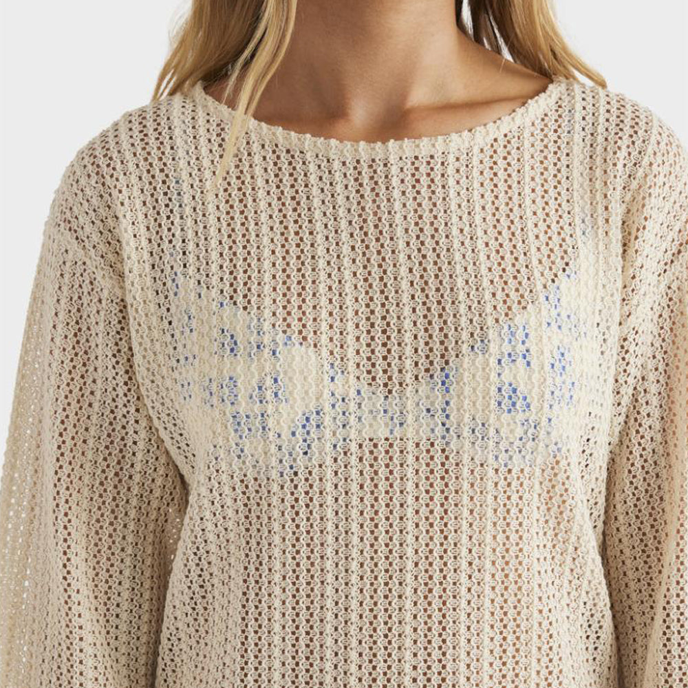 Beige knit sweater with floral pattern on a white background