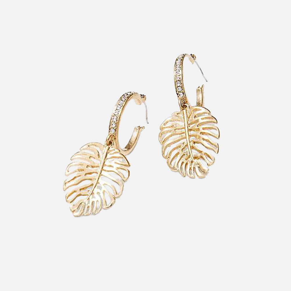 Tropical Blooms Pave Monstera Drop Hoop Earrings - Women