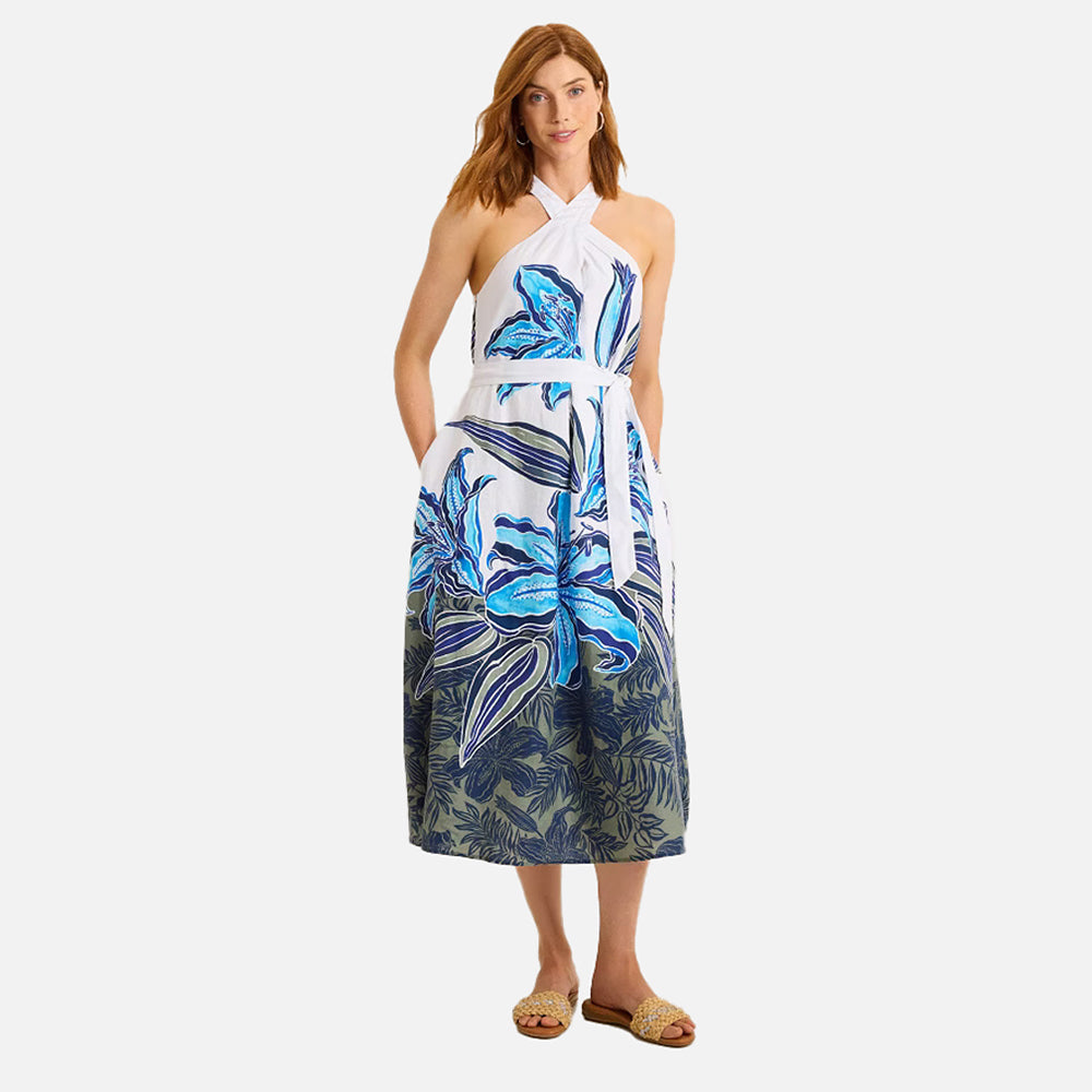 Coastalina Linen Regal Blooms Halter Midi Dress - Women
