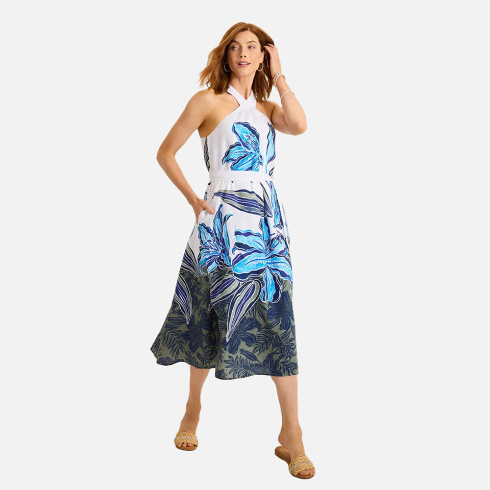 Coastalina Linen Regal Blooms Halter Midi Dress - Women