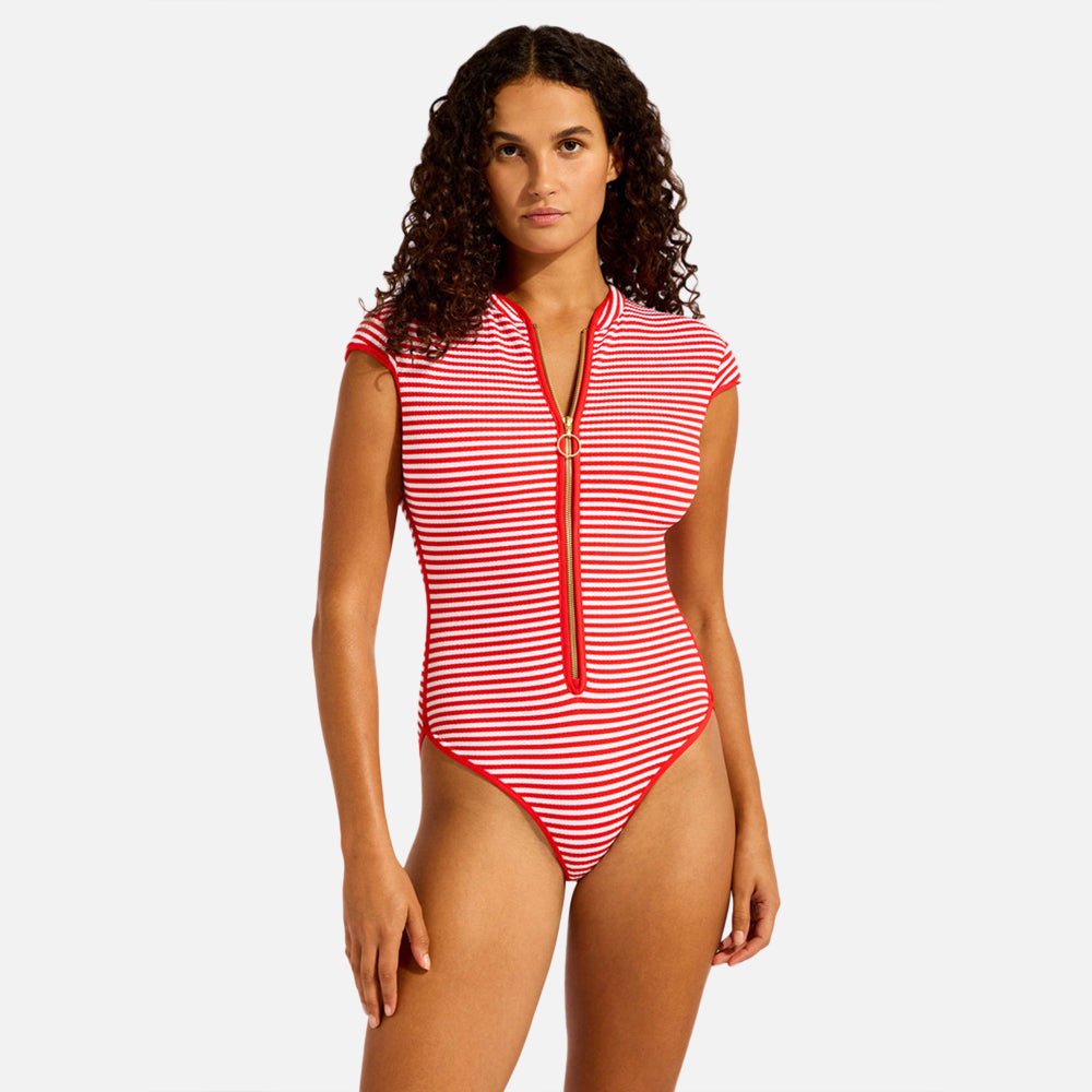 Clubhouse Cap Sleeve Zip Front One Piece Swimsuit - Women