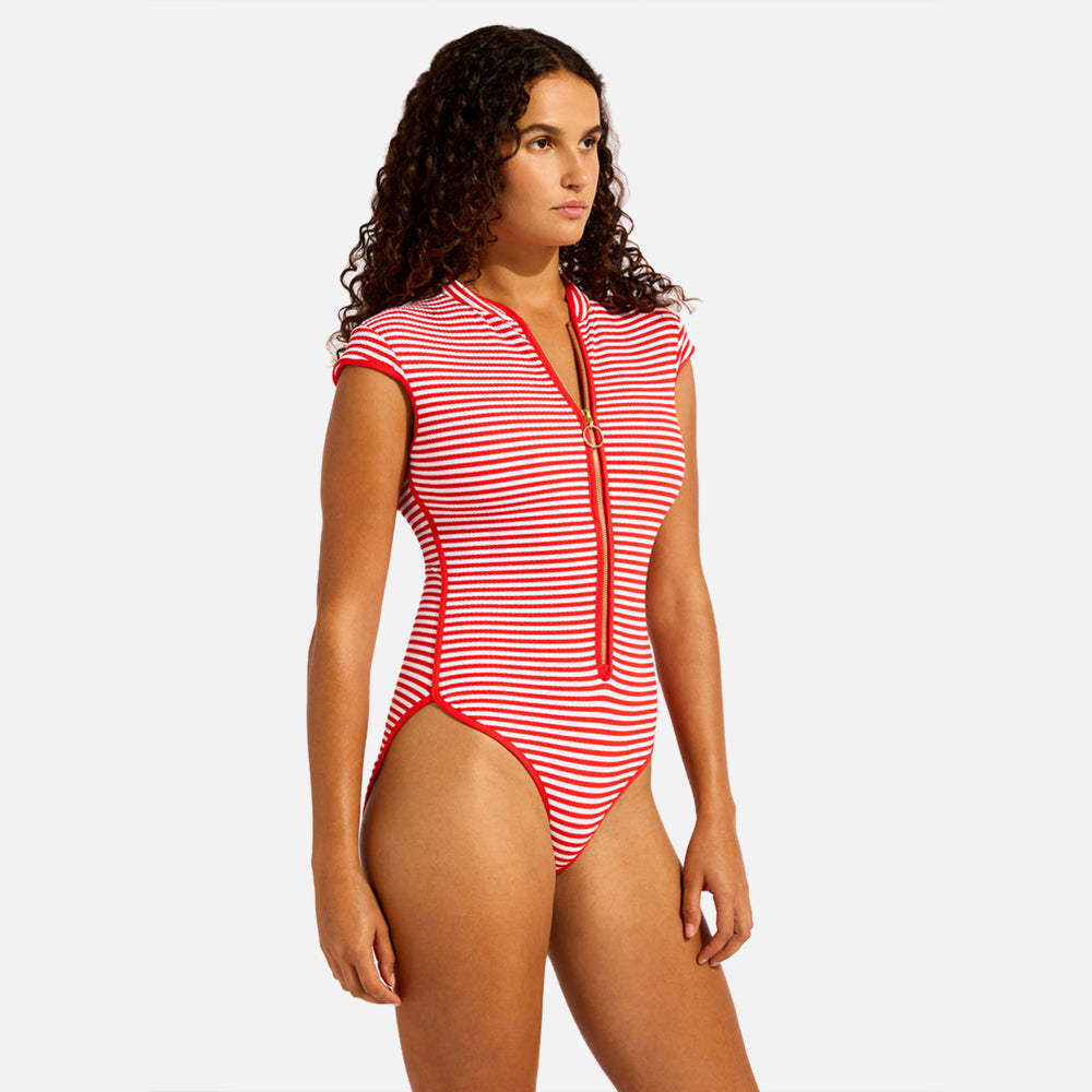 Clubhouse Cap Sleeve Zip Front One Piece Swimsuit - Women