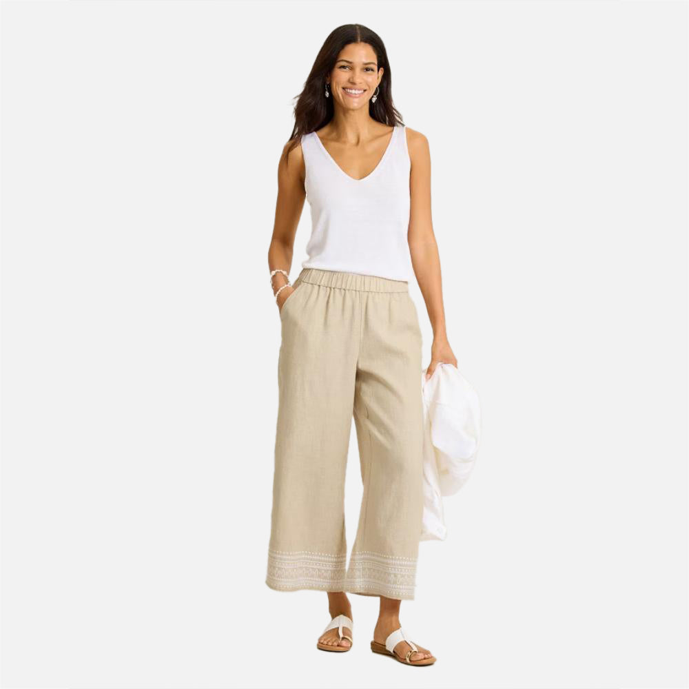 Two Palms Embroidered Linen Coulottes Pants - Women