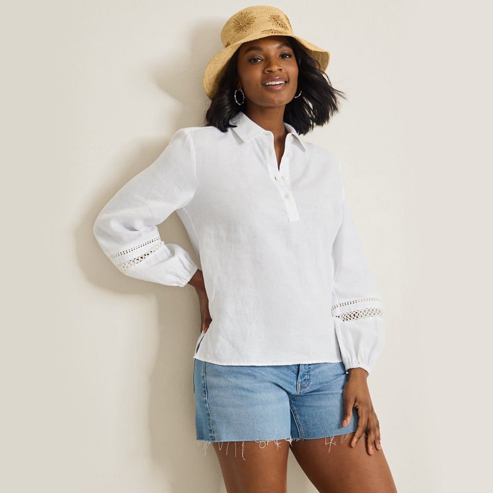 Coastalina Linen Collared Peasant Top - Women