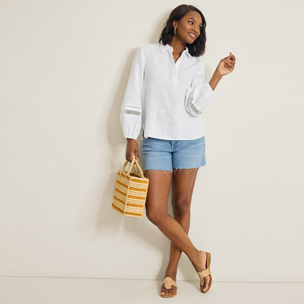 Coastalina Linen Collared Peasant Top - Women