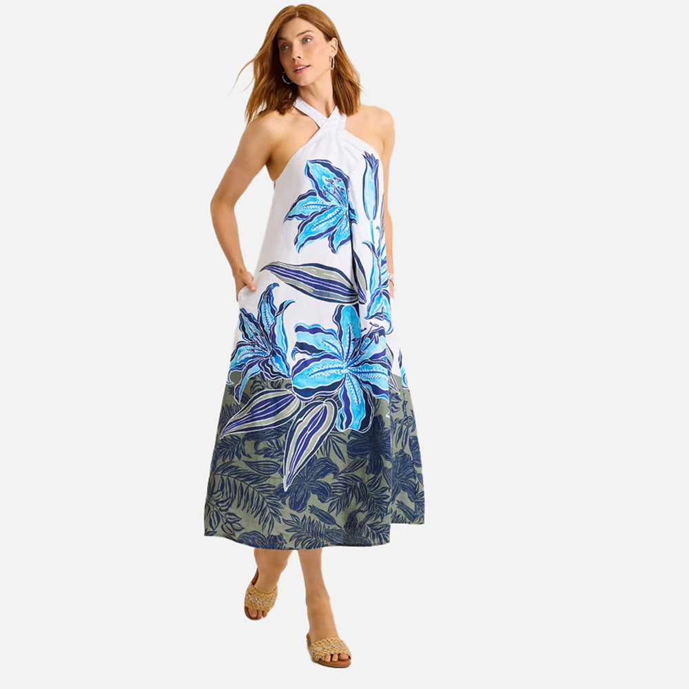 Coastalina Linen Regal Blooms Halter Midi Dress - Women