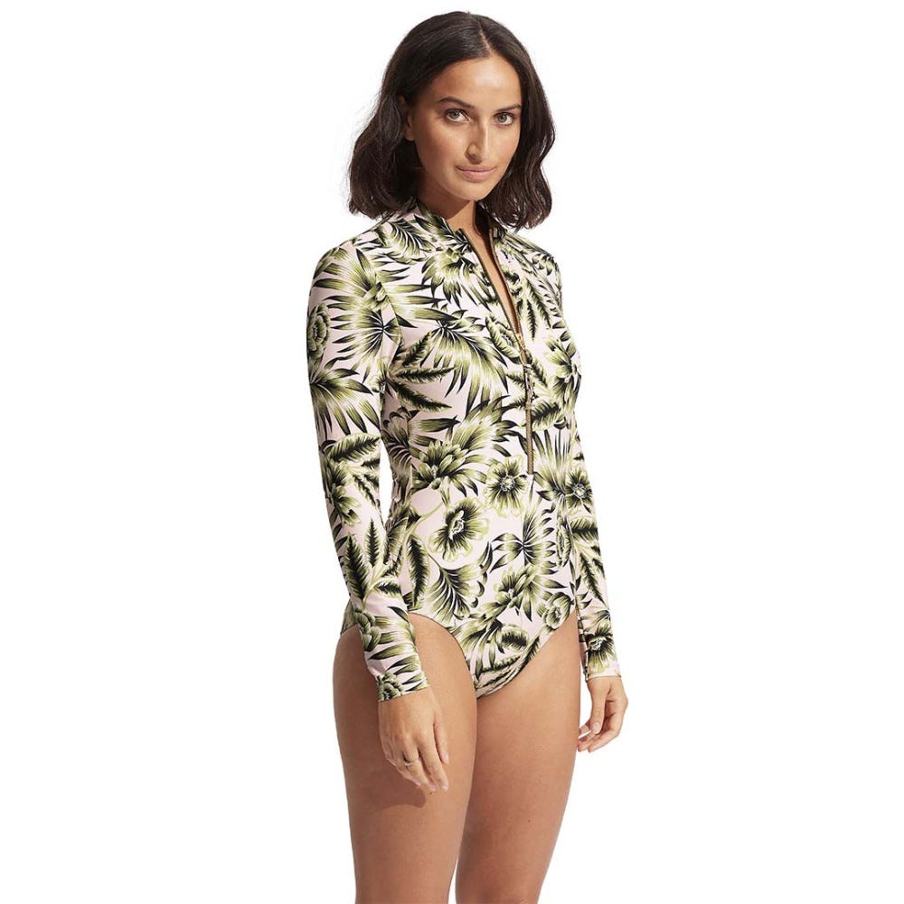 Seafolly Island In The Sun Zip Front Surf Suit in Avocado