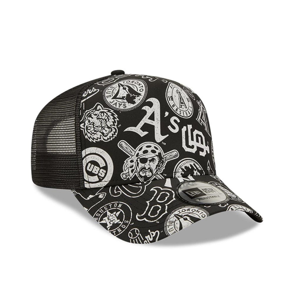New Era MLB All Over Print Multi Team Logo Black 9FORTY A-Frame Trucker Cap