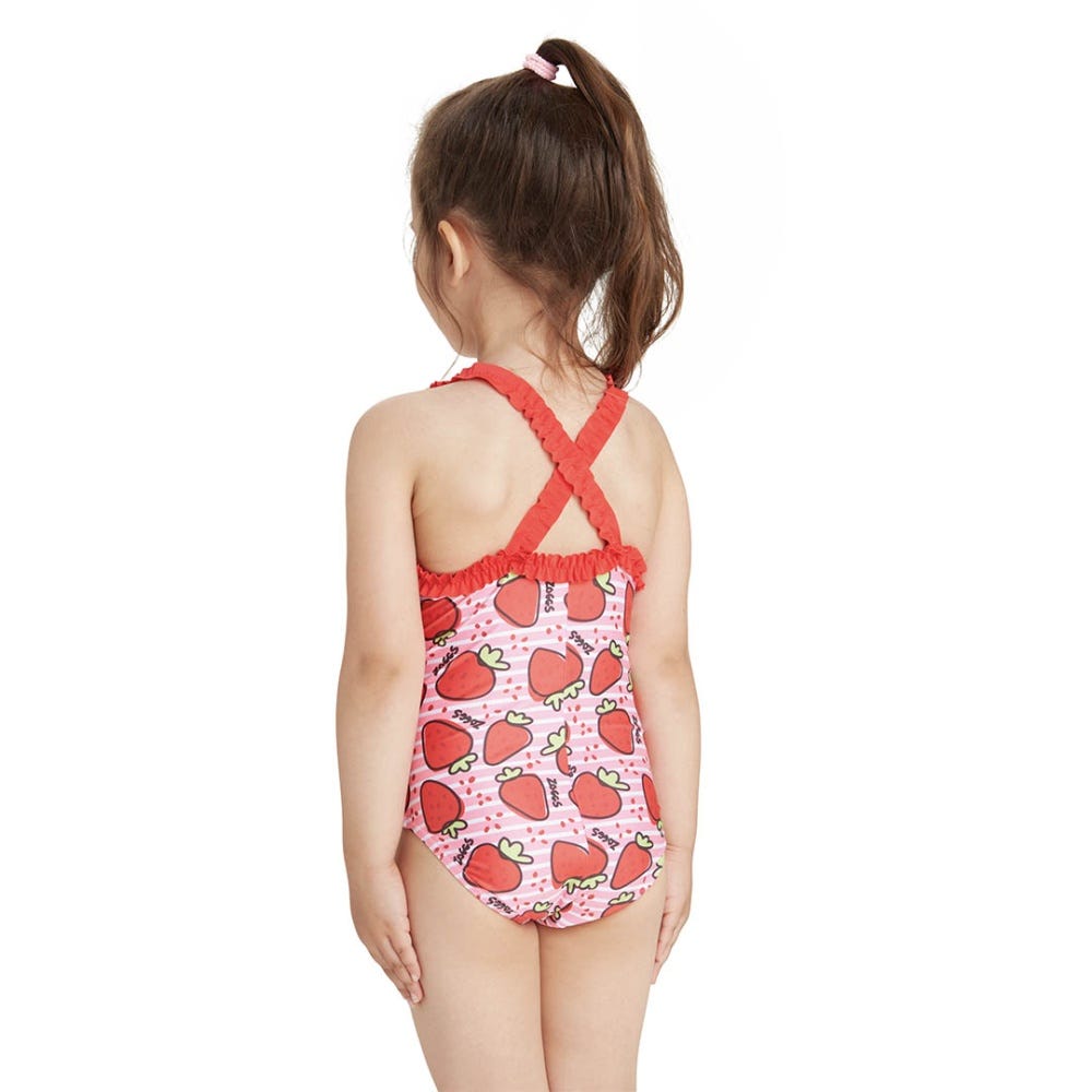 Zoggs Girls Strawberry Ruffle Crossback One Piece Swimsuit in Red