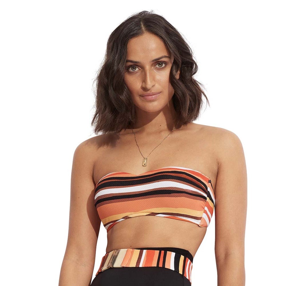 Seafolly Sun Stripe Bustier Bandeau Bikini Top in Black
