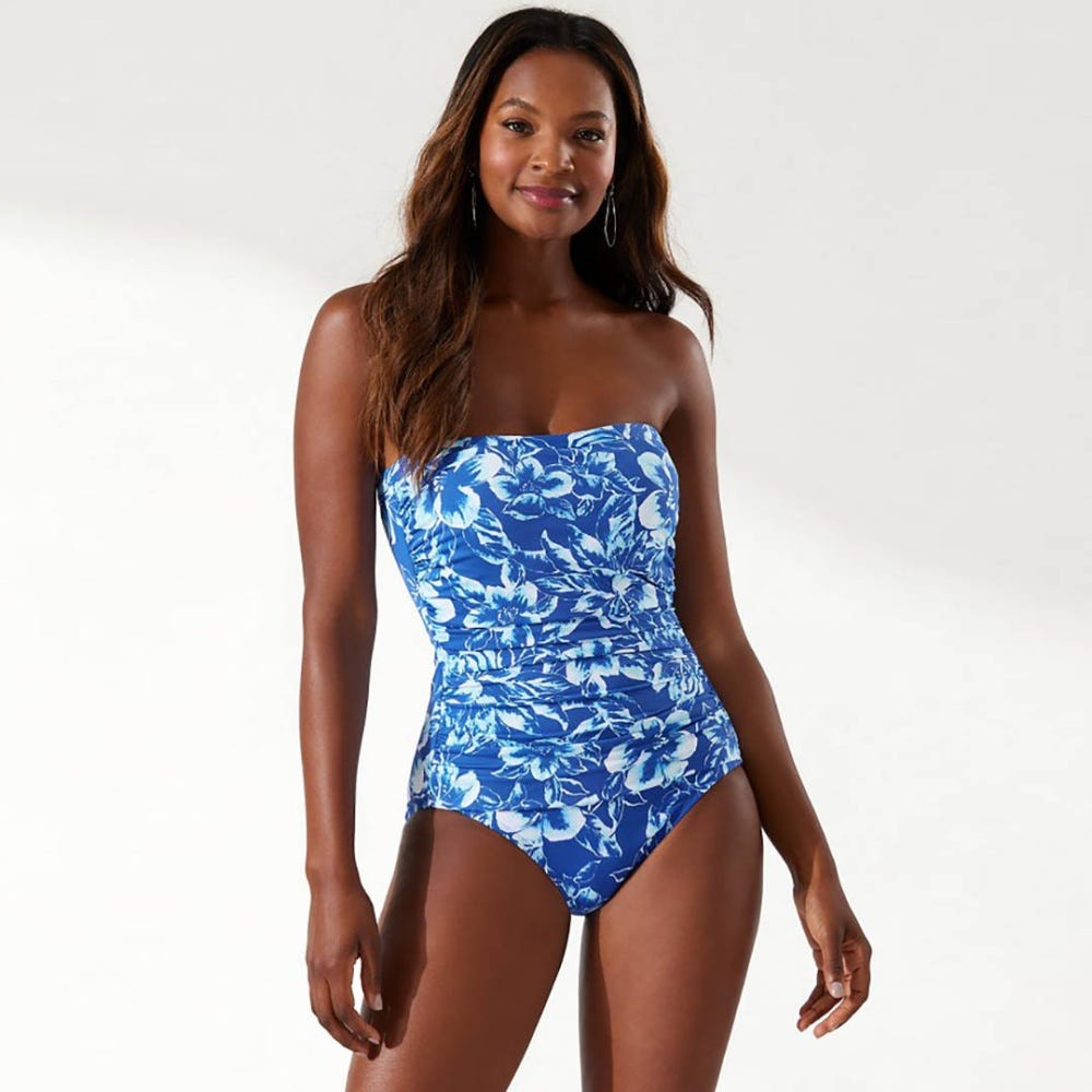 Tommy Bahama Scrolls Shirred Bandeau One-Piece Suit in Beaming Blue