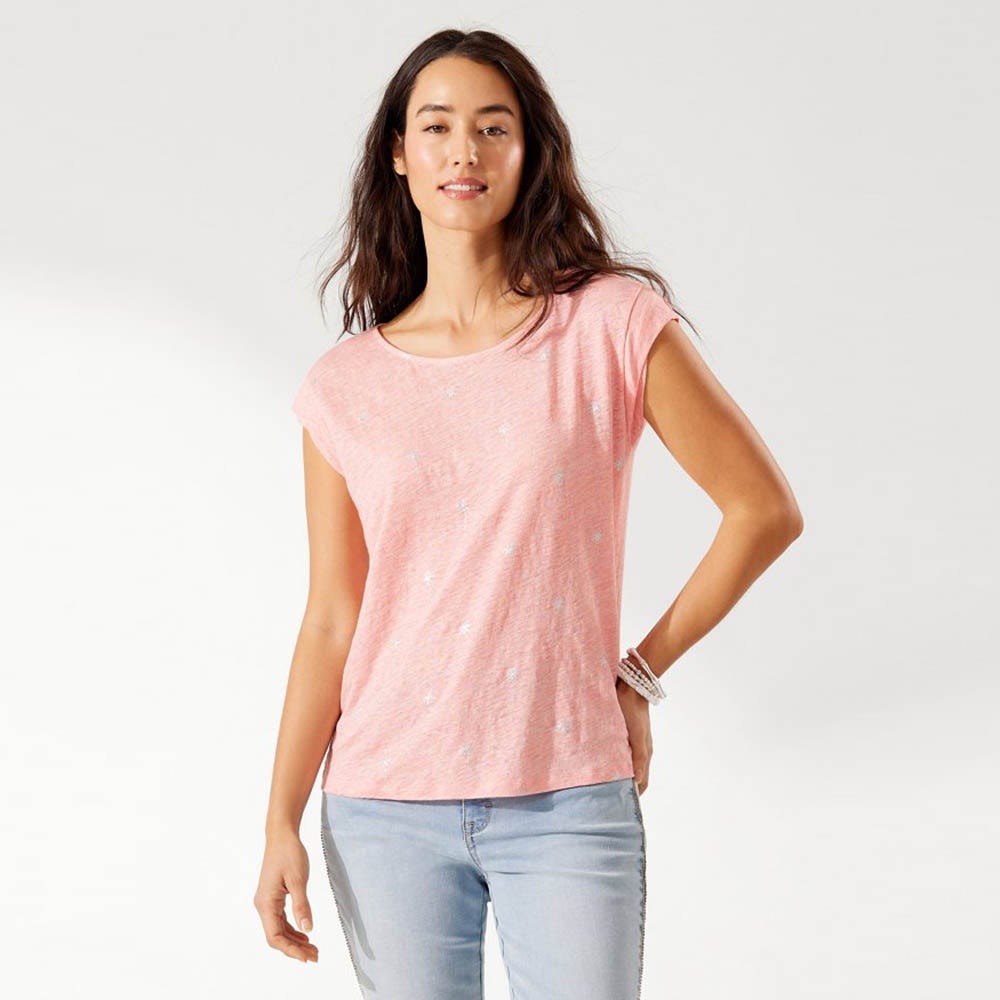 Tommy Bahama Linnea Twist-Sleeve Palm Tree Linen T-Shirt in Coral Bluff Heather