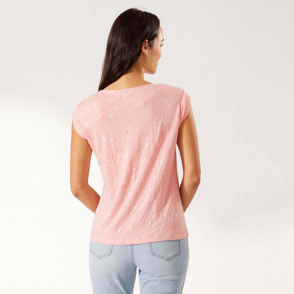 Tommy Bahama Linnea Twist-Sleeve Palm Tree Linen T-Shirt in Coral Bluff Heather