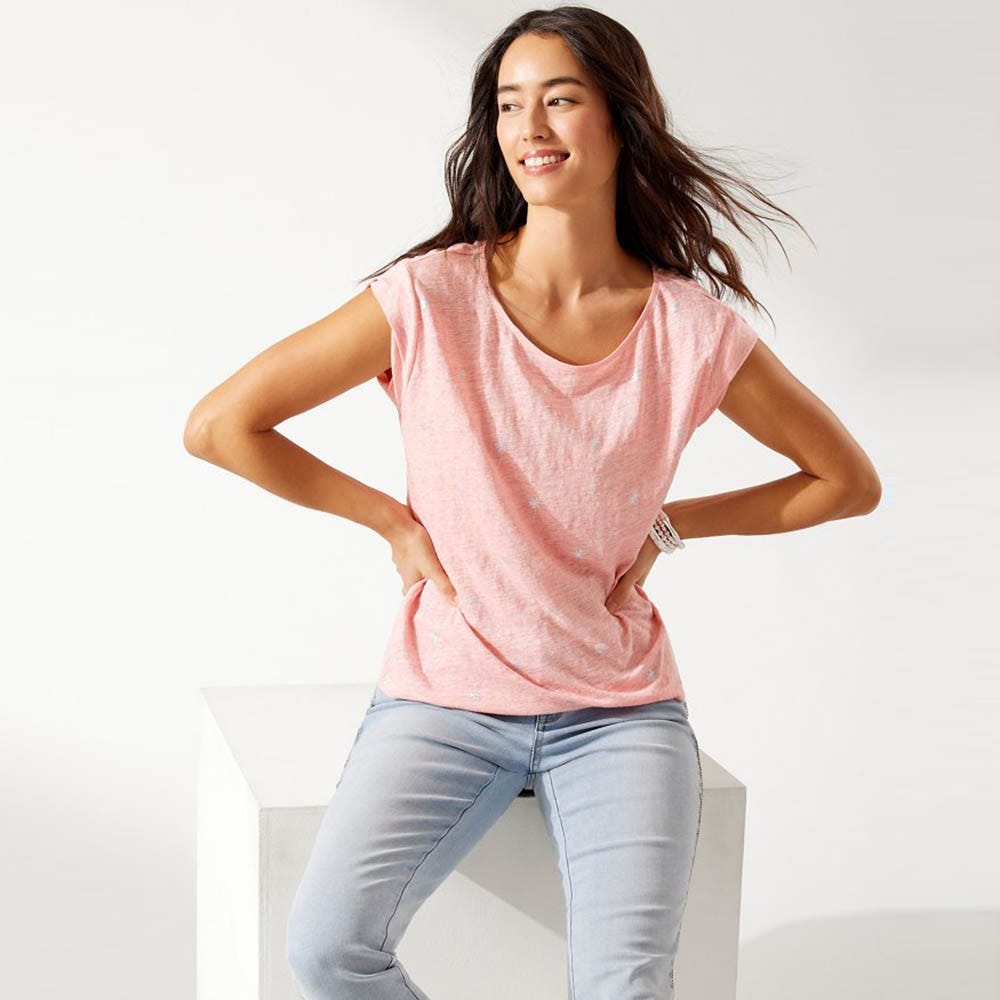Tommy Bahama Linnea Twist-Sleeve Palm Tree Linen T-Shirt in Coral Bluff Heather