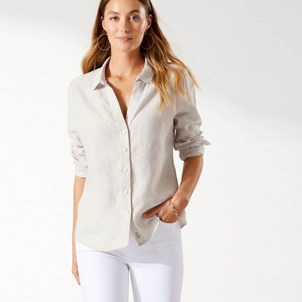 Coastalina Linen Long-Sleeve Shirt in Khaki Sand