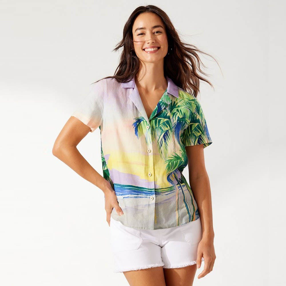 Tommy Bahama Artist Series '22 Watercolor Palms Linen Camp Shirt in Continental