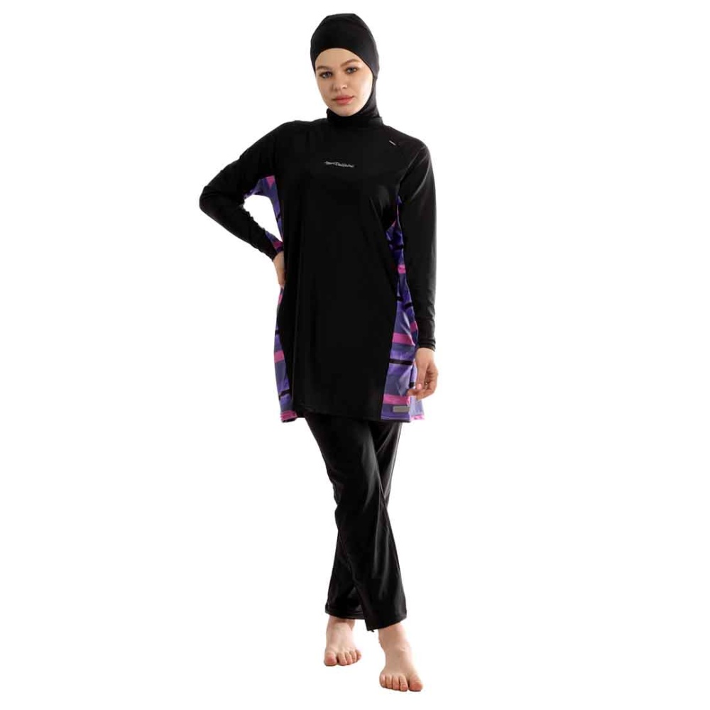 Veilkini Aqua Strip Full Cover Sporty Fit Modesty Suit in Black