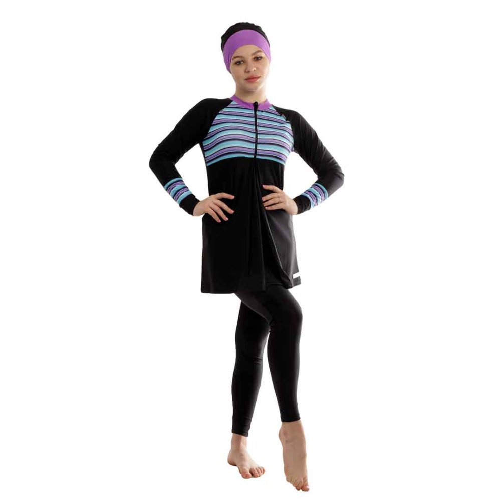 Veilkini Aqua Strip Full Cover Reguler Fit Modesty Suit in Black