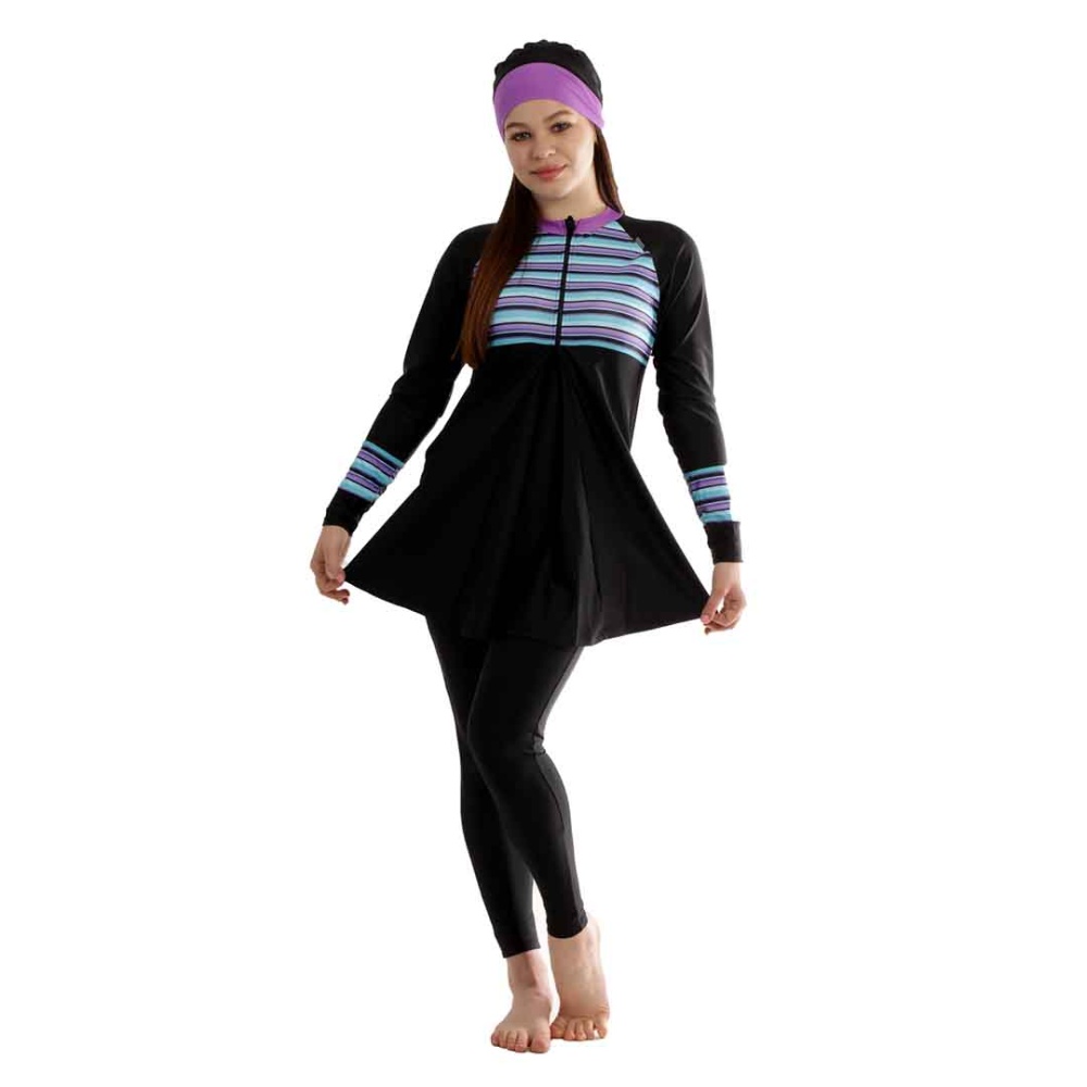 Veilkini Aqua Strip Full Cover Reguler Fit Modesty Suit in Black