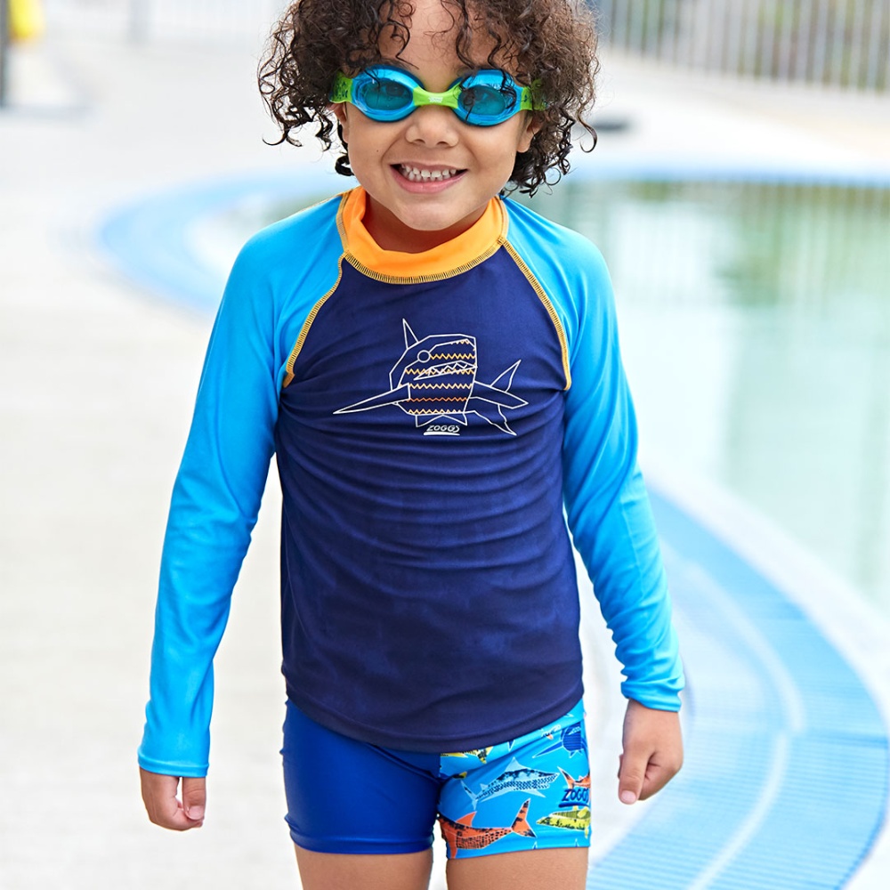 Zoggs Paper Shark Long Sleeve Zip Sun Top in Blue
