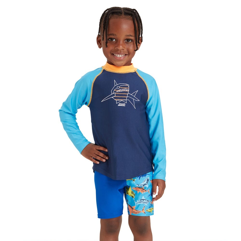 Zoggs Paper Shark Long Sleeve Zip Sun Top in Blue