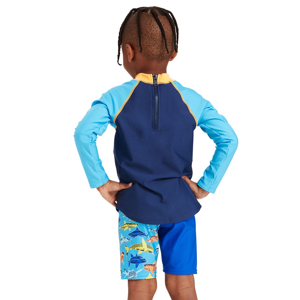 Zoggs Paper Shark Long Sleeve Zip Sun Top in Blue