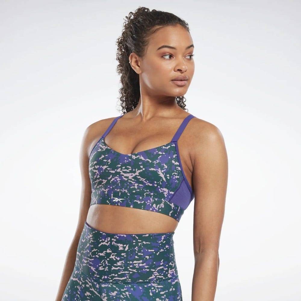 Reebok Lux Speckle Modern Safari Strappy Bra In Forest Green