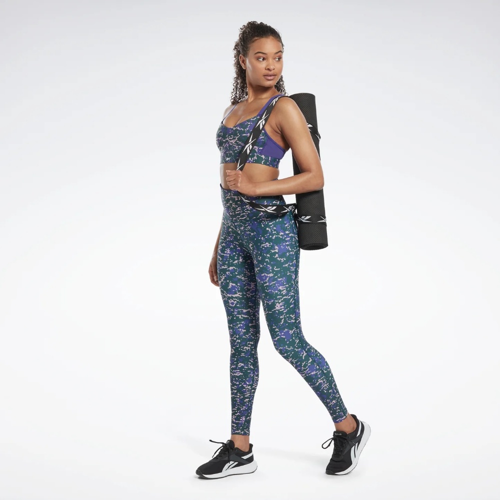 Reebok Lux Speckle Modern Safari Strappy Bra In Forest Green