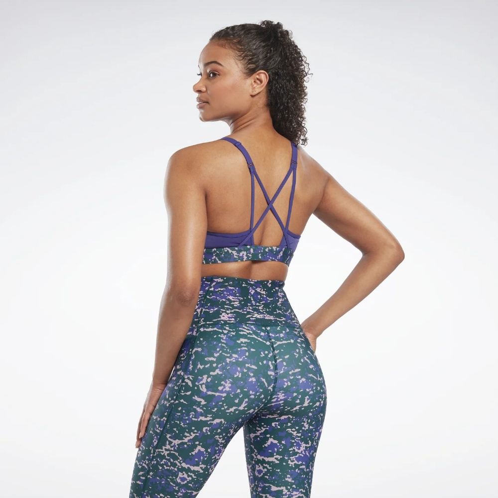 Reebok Lux Speckle Modern Safari Strappy Bra In Forest Green