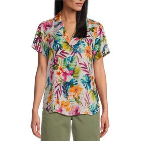 Vintage Floral Camp Collar Neckline Short Sleeve Shirt - Women
